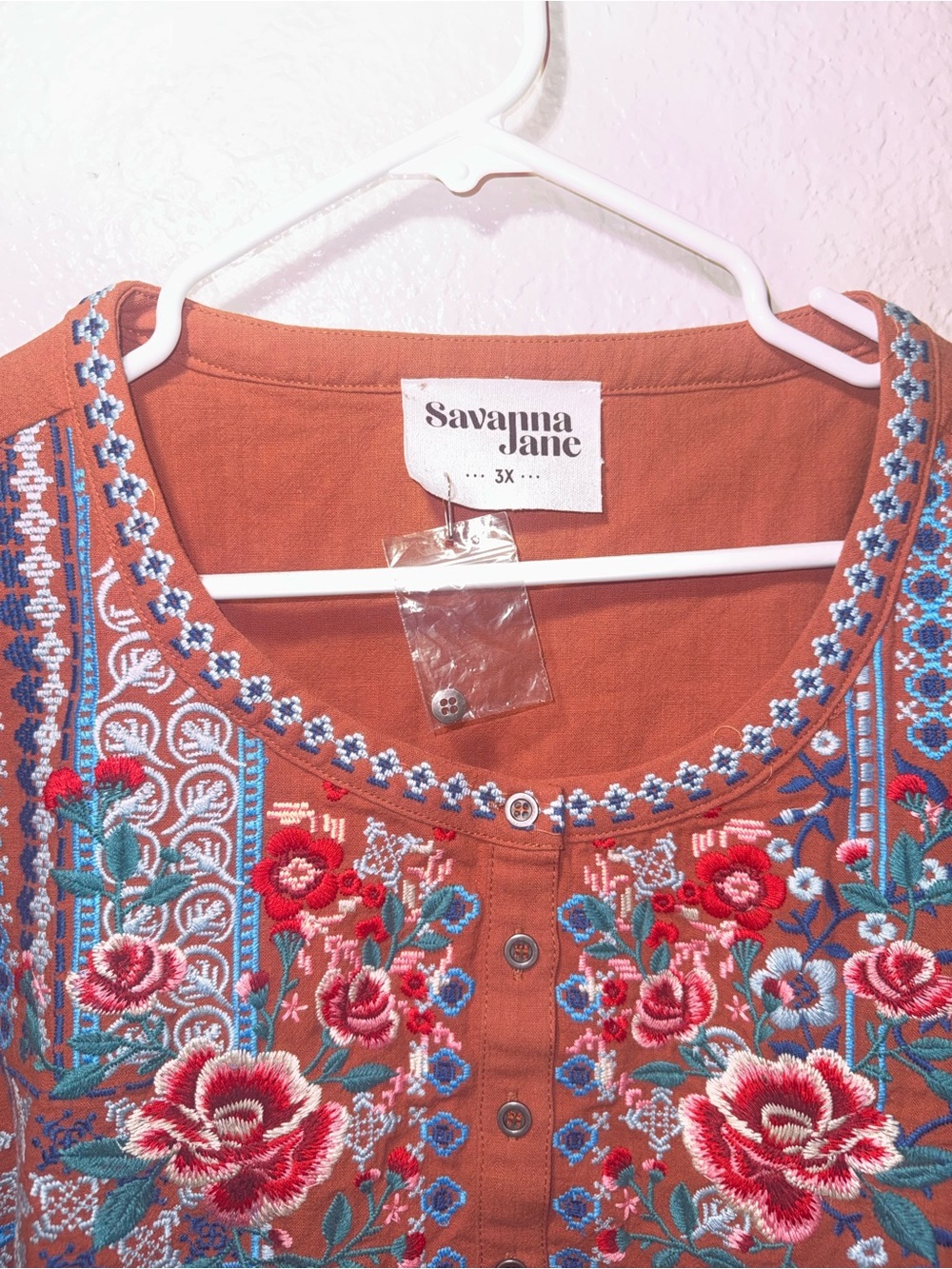 Savanna Jane 3X Embroidered Floral Boho Peasant Top Rust Plus - Picture 3 of 15